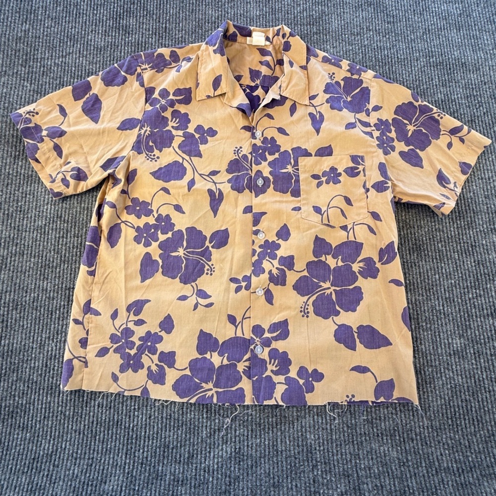 Vintage Made in Hawaii Hibiscus Floral Print Raw Hem Crop Button Down Shirt L